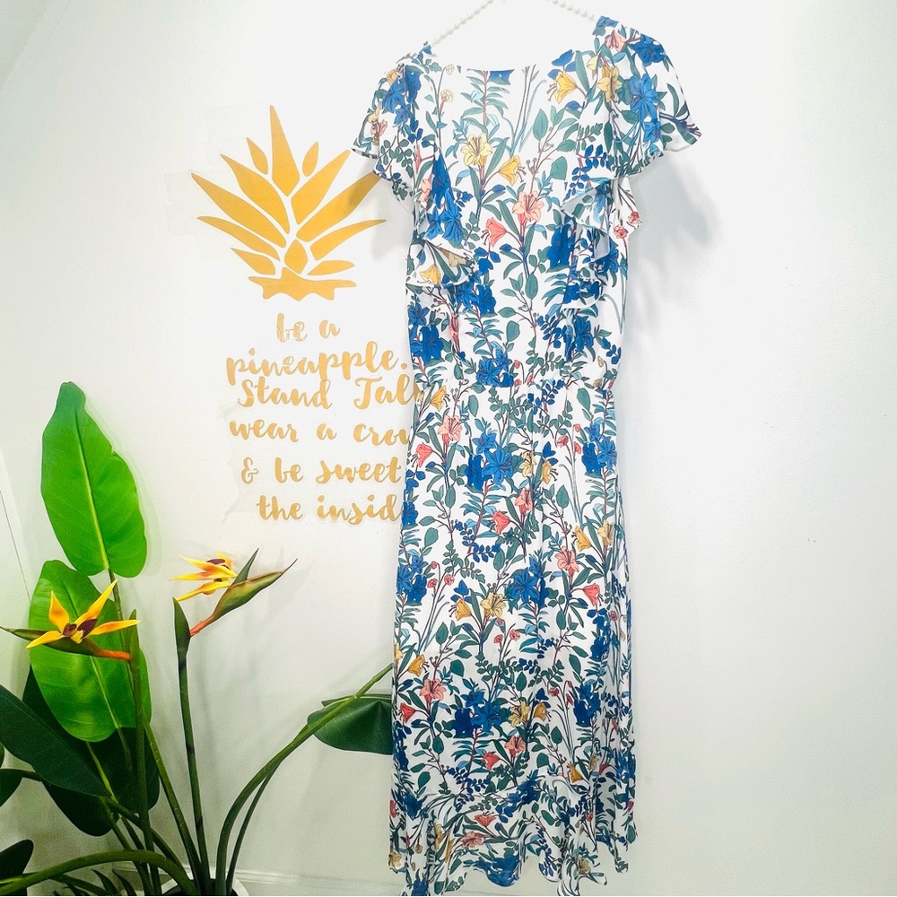 PARKER Blue Floral Lilly High Low Ruffle Dress Short Sleeve Flowy Dress Sz Small - Picture 4 of 15